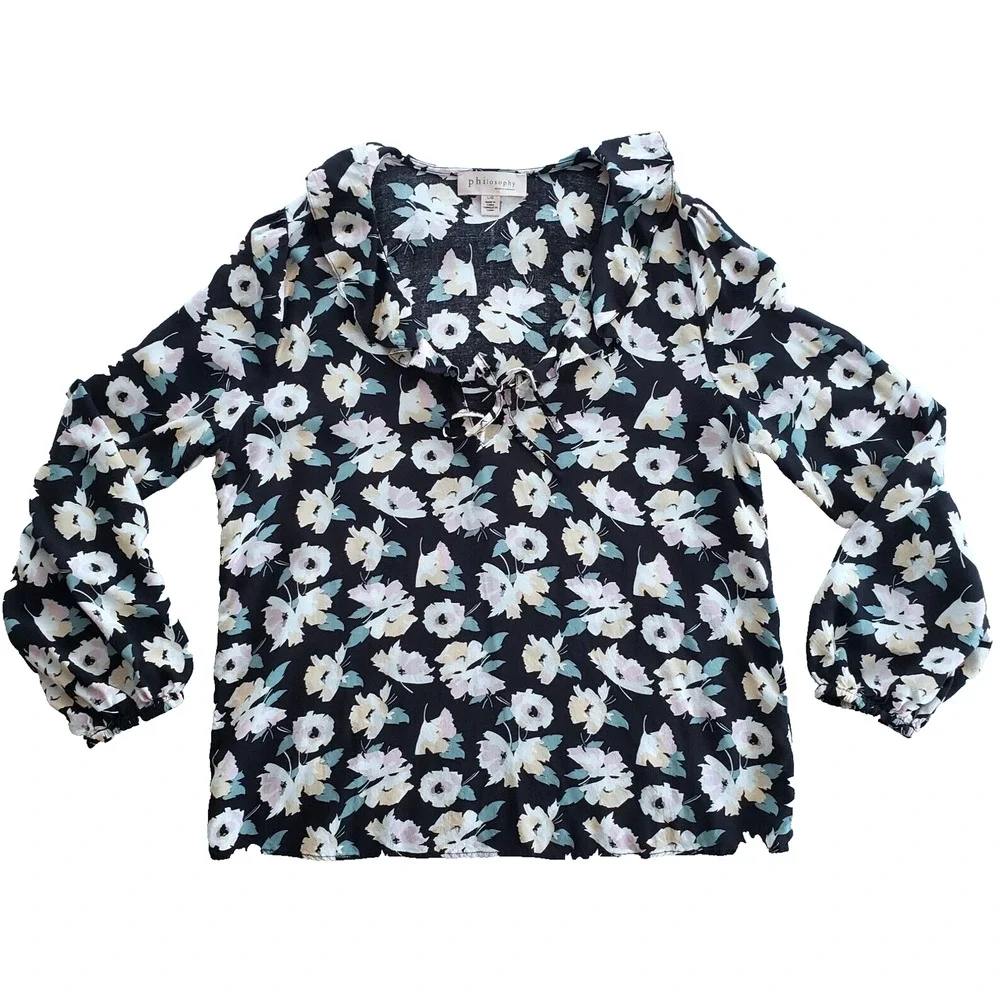 Philosophy Top Womens L Blue Floral Tie Neck Blouse Cottagecore Preppy Boho Twee